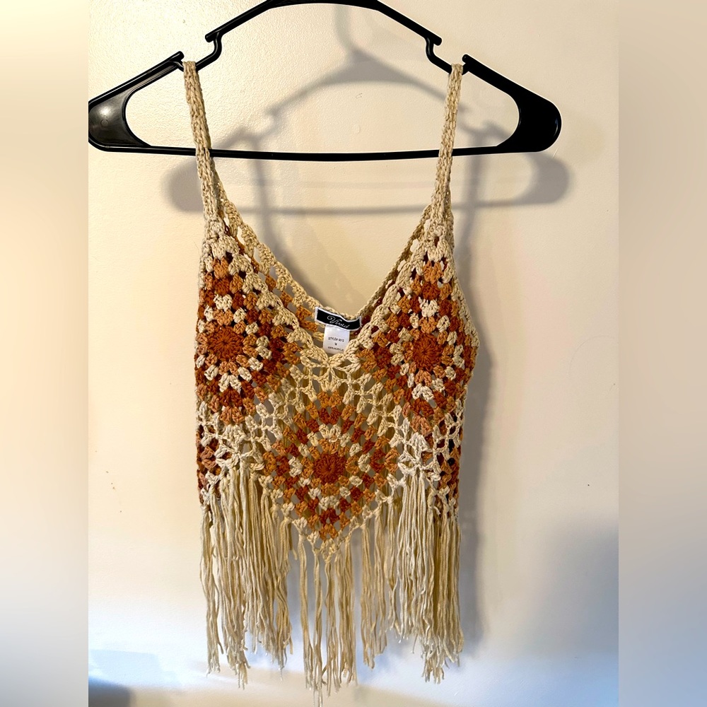Hippie crochet crop top, tan, orange and brown colors